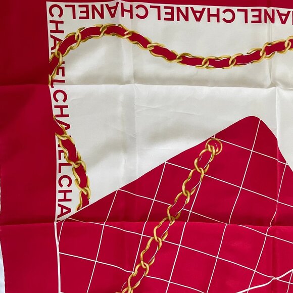 Chanel Vintage Scarf – Red Silk with Signature Flap Bag Print & Quilted Design - Picture 5 of 11
